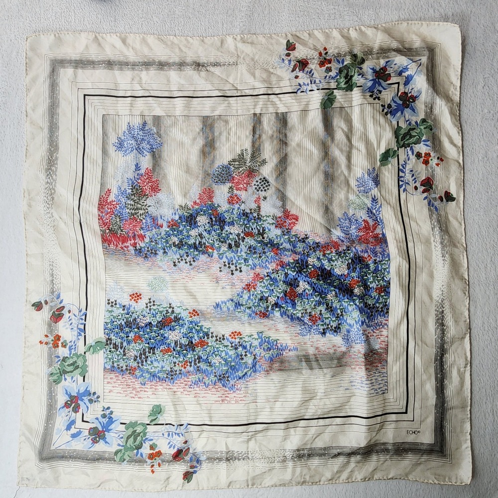 Echo Silk Scarf Cream Floral Square Hand Rolled Made in Japan Luxury Nature